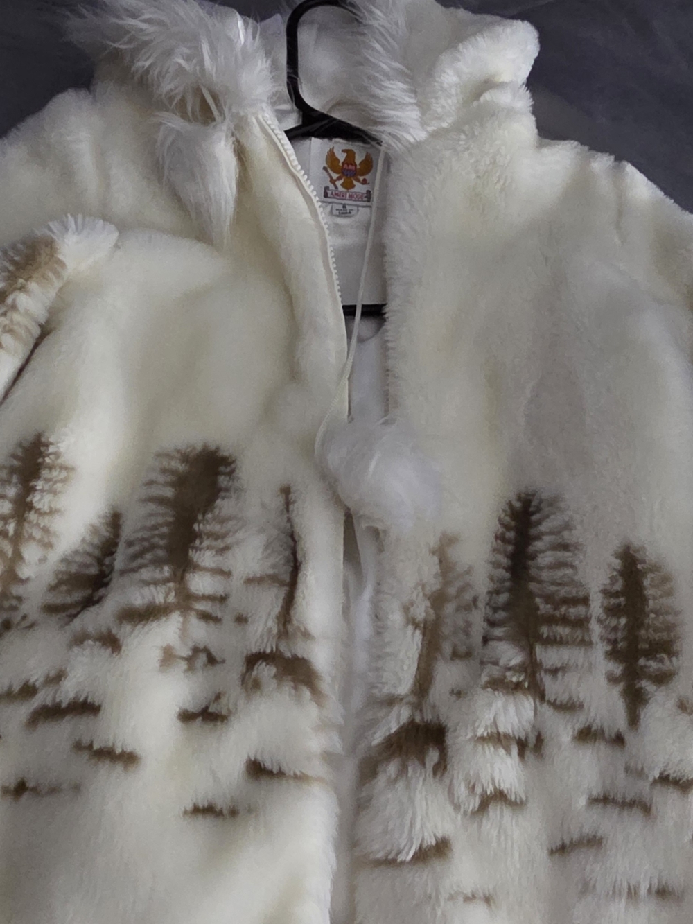 Kids Cream Faux Fur Hooded Coat with Brown Tree Print